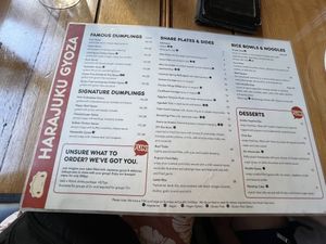 The menu   at Harajuku Gyoza in Sydney