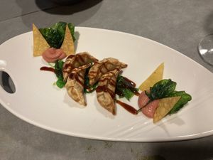 Gyozas de verduras con hummus de remolacha y espinacas crujientes   at Restaurante Rústico  in Castellon De La Plana