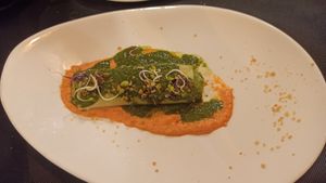 Canelón de espinaca con salsa romescu at Restaurante Rústico  in Castellon De La Plana