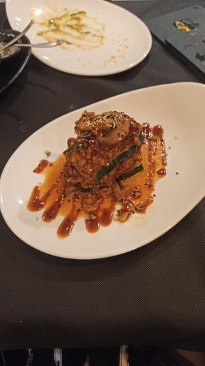 Falsa lasaña de calabacín con proteína vegetal at Restaurante Rústico  in Castellon De La Plana