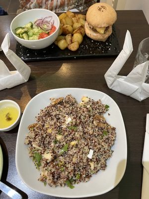 Quinoa salad and burger  at Aida's Zone in Stockholm