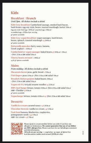 Kids menu  at The Cosy Club in Chester