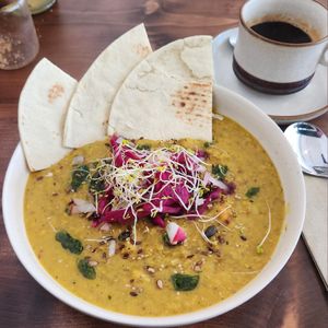 Yellow split pea Dahl vegan option at Union Yoga + Cafe in Ramsgate