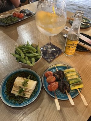 Edamame, tofu with japanese vinegrette, leeks, tomatoes, mushrooms  at Chuan Bar in Langkawi
