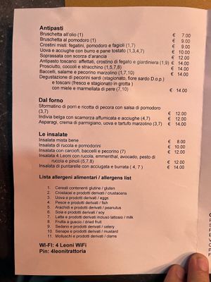 The menu labels allergens with a numbering system and the numbers are next to each item to show what they contain    at Trattoria 4 Leoni in Florence