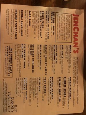 the menu  at JenChan's in Atlanta