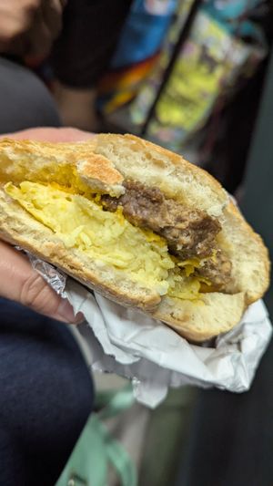 Vegan breakfast sandwich (just egg, vegan cheese, beyond sausage on ciabatta) at Starch in Watertown