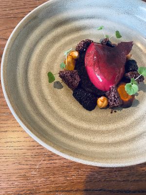 Finish your diner with our vegan blackberry sorbet with vegan air chocolate. at Restaurant GENUSSWERKSTATT Einbeck in Einbeck