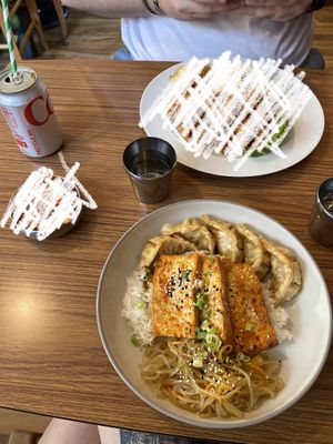 Jinju Tapas Bowl: Braised Tofu, Veg Dumplings, Japchae Salad, Rice  at The Kimchi in Norwich