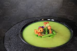 Creamy Asparagus Soup - a great source of fiber & amino acids & folate - lightens up your moods, reduces cholesterol, and  is a perfect assistant during pregnancy. at Quynh House Vegetarian Dining in Ho Chi Minh City