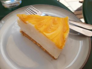 Passion fruit & white chocolate cheesecake at Full Soul Vegan in Stockholm