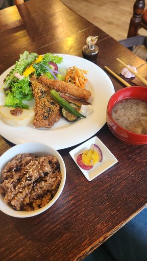 Vegan fried fish lunch plate with enzyme rice at Cosmo Kichen  in Kamakura