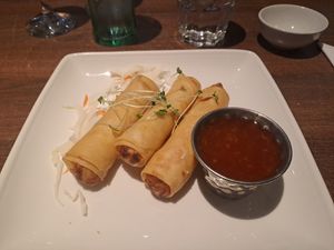 Veg spring rolls with sweet chilli sauce at Issa Sushi in Worthing
