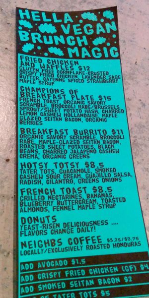 Saturday brunch menu at Hella Vegan Eats in Oakland
