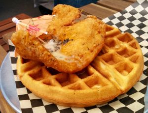 Chicken and waffles at Hella Vegan Eats in Oakland