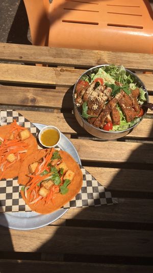 banh mi taco/ ";chicken"; salad  at Hella Vegan Eats in Oakland