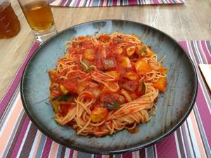 Spaghetti with tomato sauce, pepper and zucchini at Jesharna in Skofja Loka