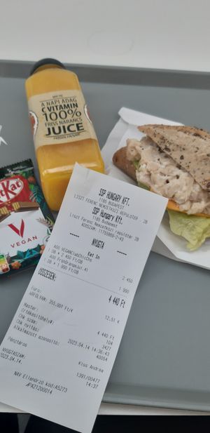 Vegan chicken cheese sandwitch, fresh orange juice, vegan kitkat at BUD - Upper Crust in Budapest