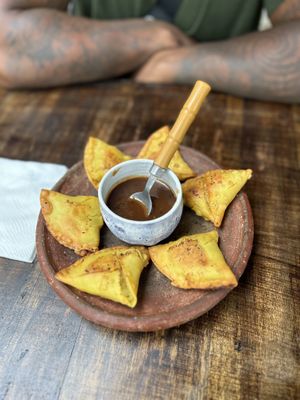 Delicious Samosas with Tamarind Sauce. Vegan!   at Bhakti House Ayampe  in Ayampe