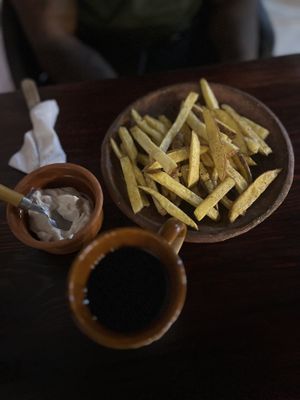 Fries, Tea, vegan Mayonnaise   at Bhakti House Ayampe  in Ayampe