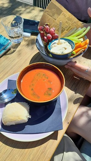 Tomato soup, crudite at Beach Club Natural High in Ouddorp