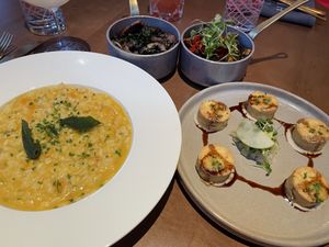 vegan risotto, tofu scallops, mushrooms, brussels sprouts  at Gordon Ramsay Hell's Kitchen in Washington