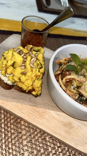 bolognese zucchini spirals, scrambled tofu and ricotta toast  at Soulscape Café in Koh Phangan