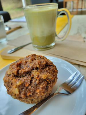 Matcha and a muffin combo at Soulscape Café in Koh Phangan