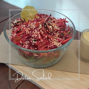 🥗 Detox Salad (Raw / Gluten Free)  120 ฿

🥕 Lettuce, Carrot, Kale, Cabbage, Beetroot, Raisins and Sesame Seeds.
Served with a Creamy Ginger & Lime Dressing. at Soulscape Café in Koh Phangan