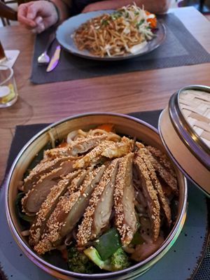 Vegan duck on udon noodles and veg at Goldene Ente & DaDa Lieferservice in Koblenz