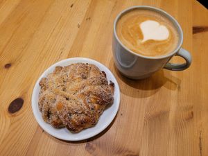 Cardamom bun and oat latte at Fröken Olssons Kafé in Gothenburg