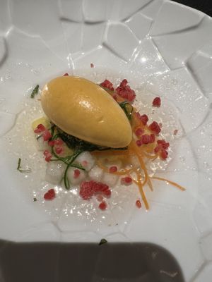 Apricot sorbet with fruit and veg. Had a mint flavor in clear gel  at Corral de la Moreria in Madrid