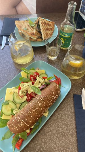 Pesto, vegan cheese and Mushroom Pita // vegan baguette with ham, cheese, lettuce, tofu and paprika   at N-Joy in Kos