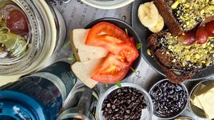 Part of breakfast- Smoked tufo and tomatoes. Below there's chocolate chips and jem at Anne&Max in Tilburg