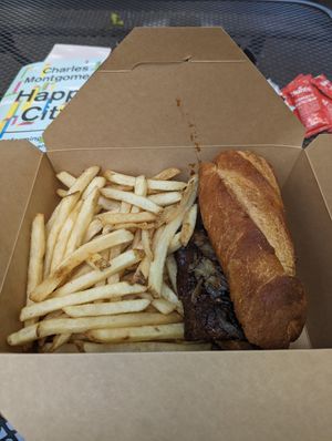 Vegan riblet with fries (for here but served like to go) at 97 Estoria in Atlanta