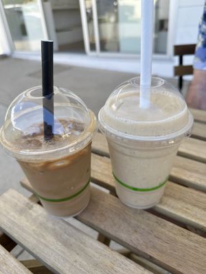 Iced coffee and peach smoothie - really nicee  at Piknik in Burleigh Heads