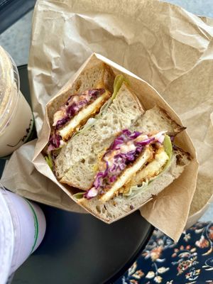 Tofu schnitzel sandwich - deliciouss  at Piknik in Burleigh Heads