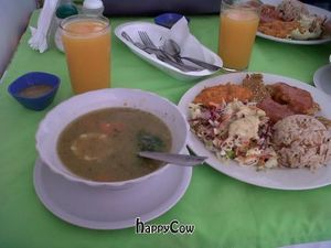 week-day lunch with breaded vegetable protein with sauce, vegetable stew, beautiful salad, brown rice pilaf, soup, juice, and pineapple dessert at Salud y Vida in Cali