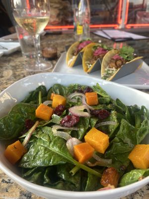 Hearty Fall spinach salad with beluga lentils (hold the Parmesan)  at Deluxe 1717 in Pasadena