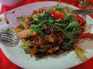 Looks normal but don't be fooled it was a wok dish with balsamic sweet sauce and dried bananas and Cranberries. It was really bad. at U R Mala Kuhinja in Sarajevo