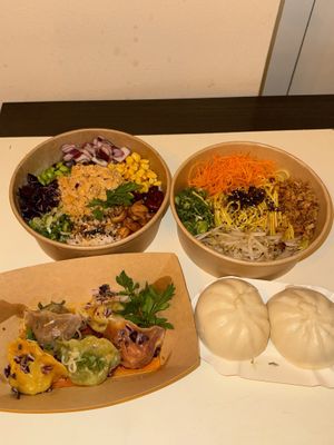 “Thuna” bowl, noodle bowl, baozi and dumpling mix  at Lin's Veggie Dumplin' in Vienna