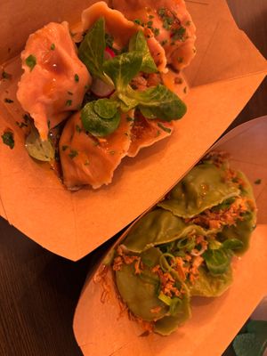 Chicken curry & garlic dumplings at Lin's Veggie Dumplin' in Vienna