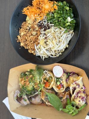 Dumpling mix + Noodles with shallot sauce   at Lin's Veggie Dumplin' in Vienna