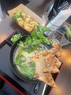 Veggie dumplings and Creamy Tofu Ramenn  at Lin's Veggie Dumplin' in Vienna
