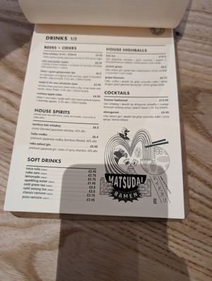 Menu drinks page at Matsudai Ramen in Cardiff