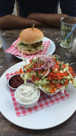 Vegan shoarma complete with plant based cheese and creamy garlic sauce & spicy chickpea burger at Burgertrut in Rotterdam