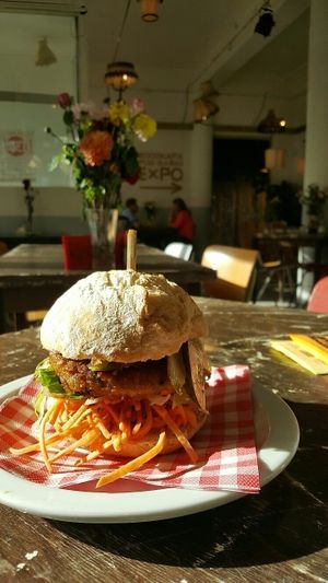 Spicy chickpea spelt burger at Burgertrut in Rotterdam