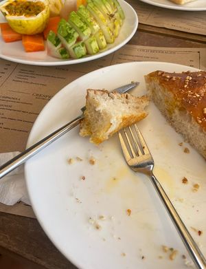 Foccacia Aglio et Olio, Fruit Platter  at Aqua Forno  in Galle
