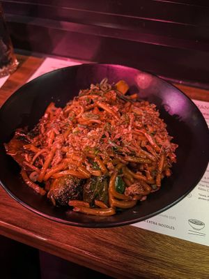 Make your own stirfry: garlic and mushroom, sweet potato noodles with “duck"  at Neon Ramen  in Everton Park