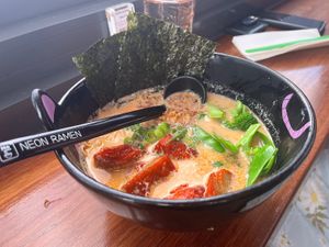 Tan tan ramen with char sui ‘pork’, and extra noodles, broccoli and snow peas  at Neon Ramen  in Everton Park